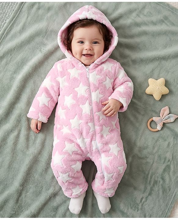 Babyhug Fur Knit Full Sleeves Hooded Winterwear Romper With Star Design - Pink