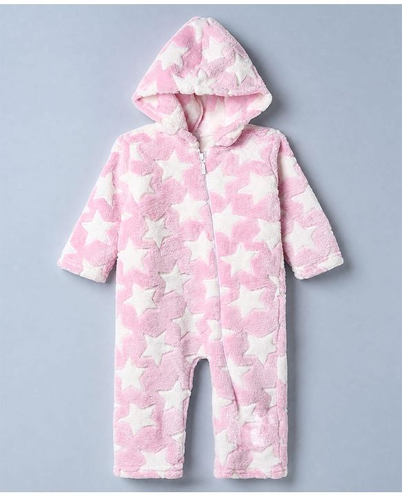 Babyhug Fur Knit Full Sleeves Hooded Winterwear Romper With Star Design - Pink