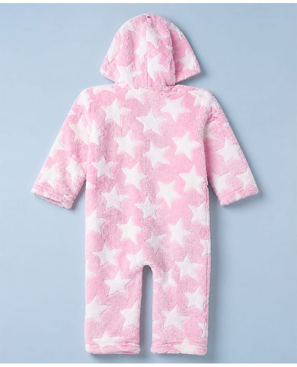 Babyhug Fur Knit Full Sleeves Hooded Winterwear Romper With Star Design - Pink