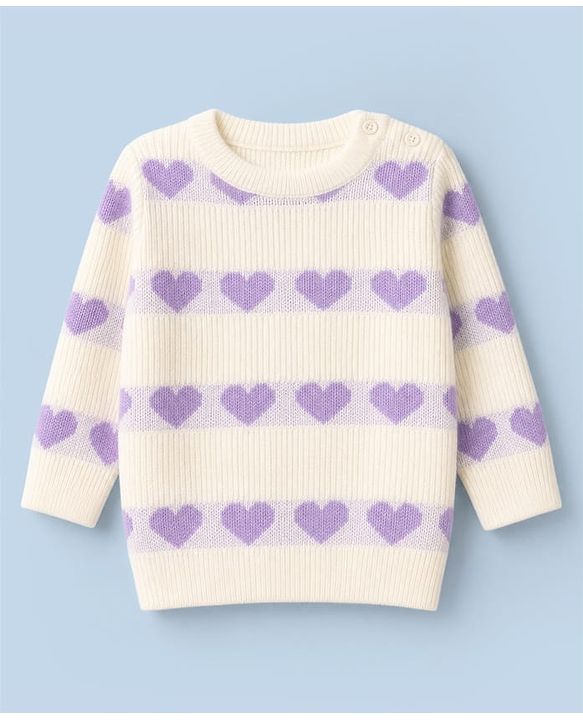 Babyhug Knit Full Sleeves Sweater Set with Heart Design - White & Lavender