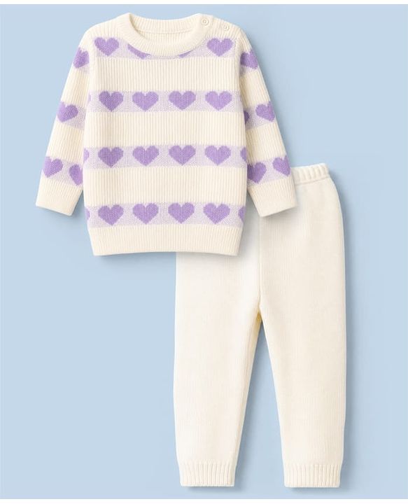 Babyhug Knit Full Sleeves Sweater Set with Heart Design - White & Lavender