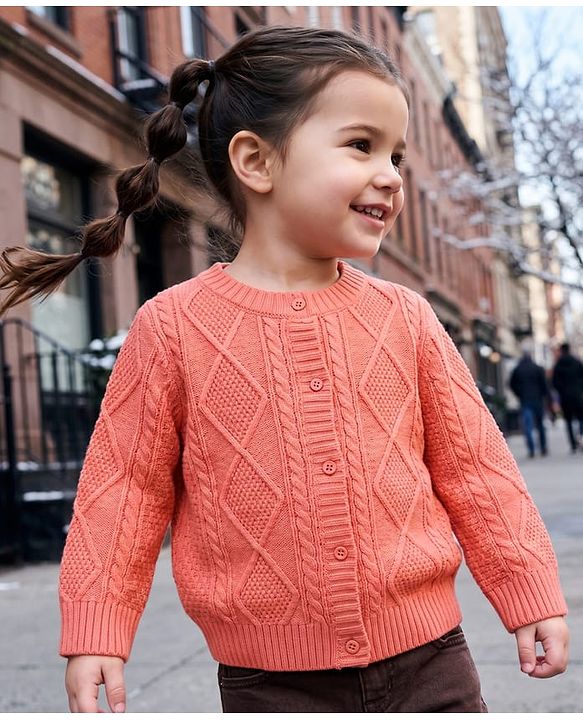 Babyhug Knit Full Sleeves Front Open Sweater with Cable Knit Design - Dark Peach