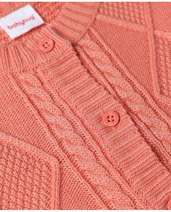 Babyhug Knit Full Sleeves Front Open Sweater with Cable Knit Design - Dark Peach