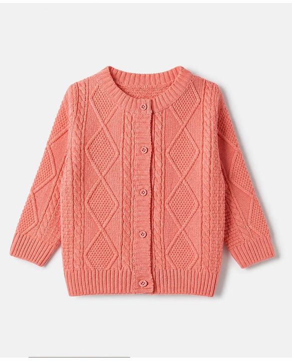 Babyhug Knit Full Sleeves Front Open Sweater with Cable Knit Design - Dark Peach
