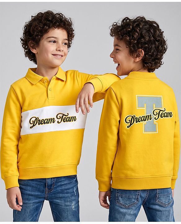 Pine Kids Cotton Mixes Knit Polo Sweatshirt with Full Sleeves and Dream Team Embroidery - Yellow