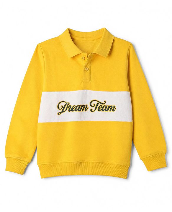 Pine Kids Cotton Mixes Knit Polo Sweatshirt with Full Sleeves and Dream Team Embroidery - Yellow