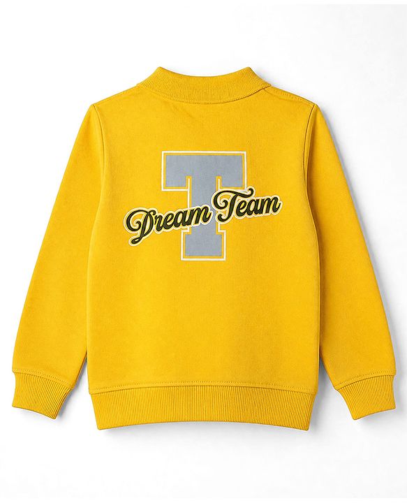 Pine Kids Cotton Mixes Knit Polo Sweatshirt with Full Sleeves and Dream Team Embroidery - Yellow