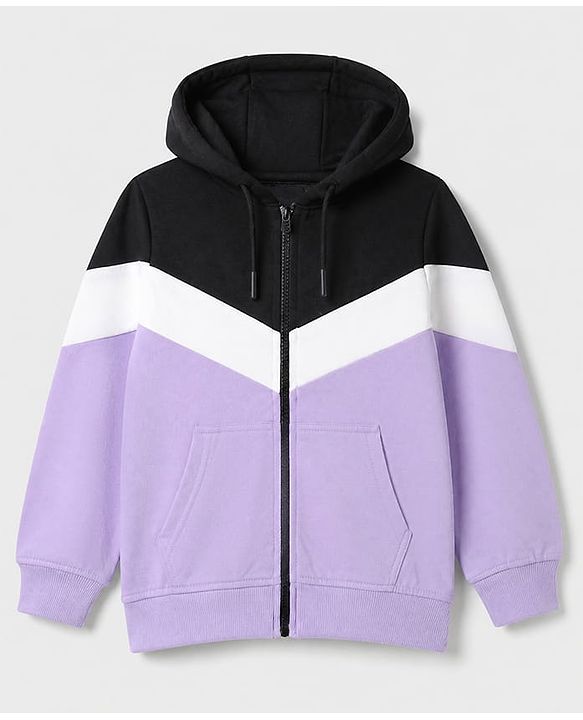Pine Kids Cotton Mixes Knit Front Zipper Full Sleeves Hooded Sweatshirt with Cut & Sew with Kangaroo Pockets - Black & Lavender