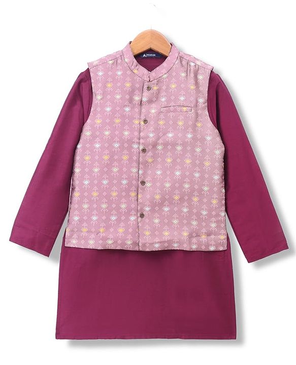 Pine Kids Woven Full Sleeves Kurta & Pyjama Set With Printed Jacket - Purple