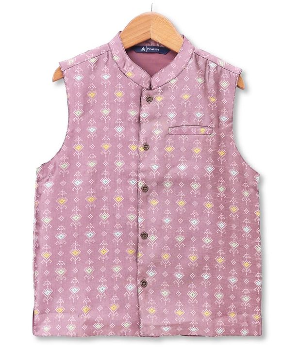 Pine Kids Woven Full Sleeves Kurta & Pyjama Set With Printed Jacket - Purple