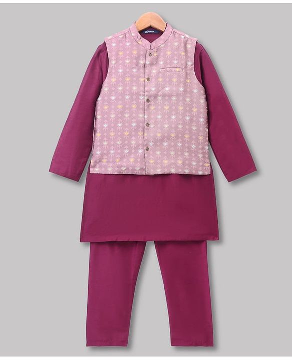 Pine Kids Woven Full Sleeves Kurta & Pyjama Set With Printed Jacket - Purple