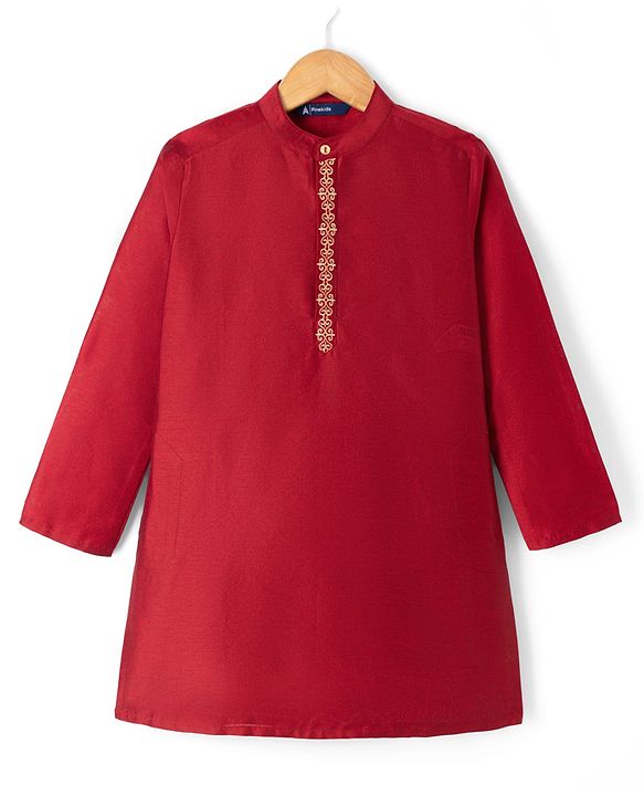 Pine Kids Woven Full Sleeves Kurta Pyjama Set With Lace Detailing - Red