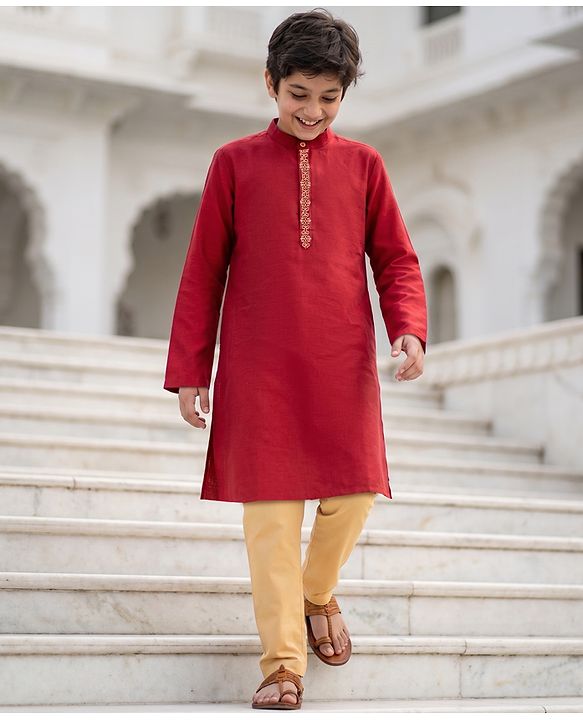 Pine Kids Woven Full Sleeves Kurta Pyjama Set With Lace Detailing - Red