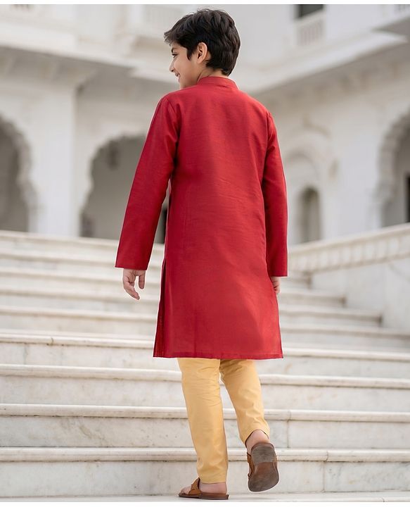 Pine Kids Woven Full Sleeves Kurta Pyjama Set With Lace Detailing - Red