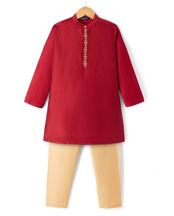 Pine Kids Woven Full Sleeves Kurta Pyjama Set With Lace Detailing - Red