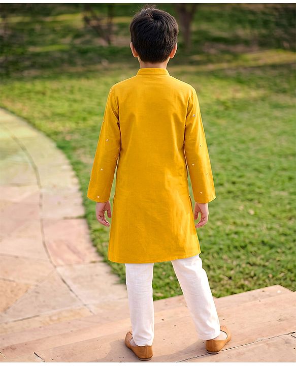 Pine Kids Woven Full Sleeves Kurta Pyjama Set with Full Length and Mirror Work in Mustard