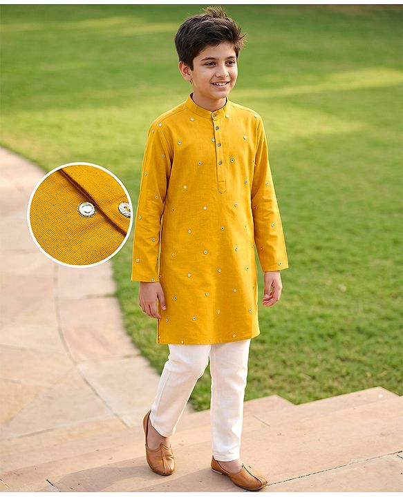 Pine Kids Woven Full Sleeves Kurta Pyjama Set with Full Length and Mirror Work in Mustard