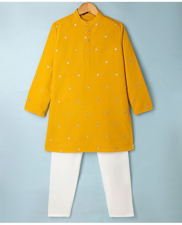 Pine Kids Woven Full Sleeves Kurta Pyjama Set with Full Length and Mirror Work in Mustard