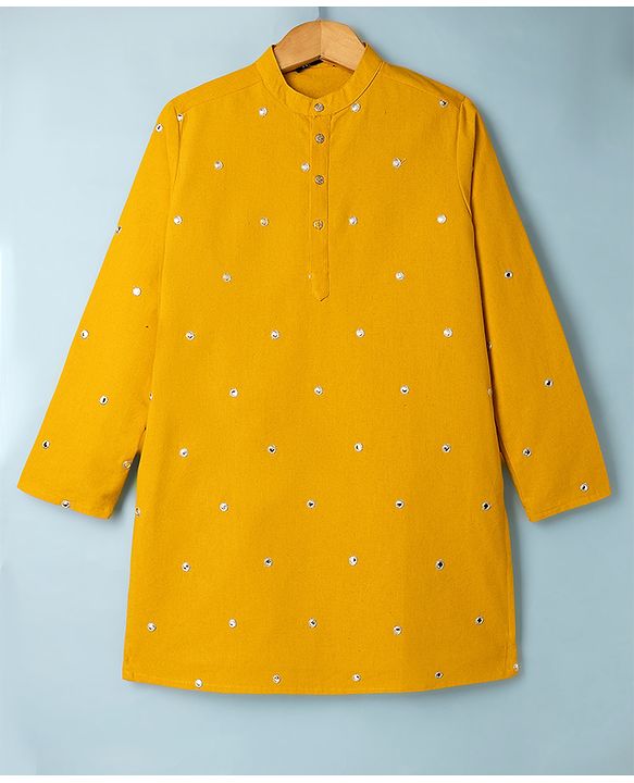 Pine Kids Woven Full Sleeves Kurta Pyjama Set with Full Length and Mirror Work in Mustard