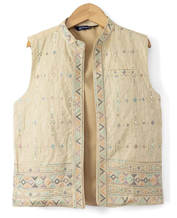 Pine Kids Woven Kurta Pyjama Set and Jacket with Full Sleeves and Geometric Embroidery in Light Peach for 4-5 Years