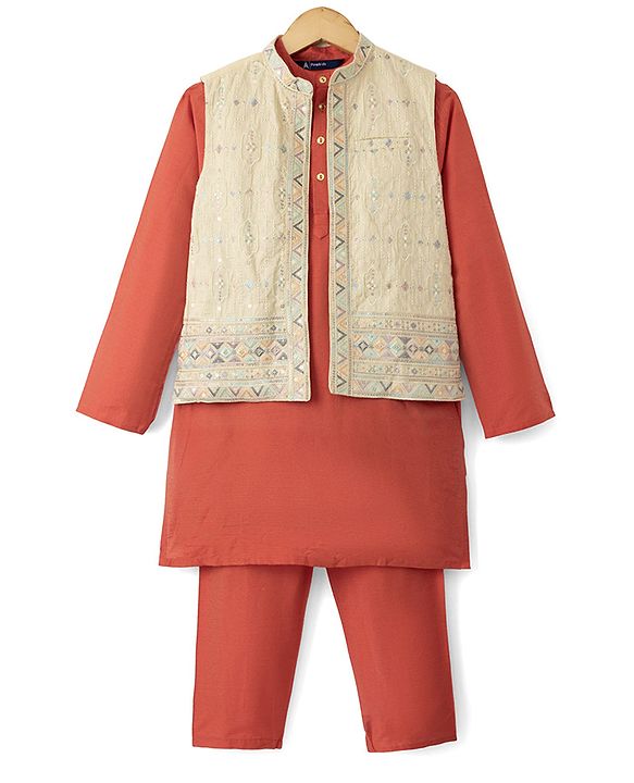 Pine Kids Woven Kurta Pyjama Set and Jacket with Full Sleeves and Geometric Embroidery in Light Peach for 4-5 Years