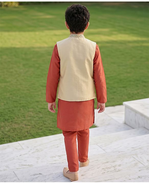 Pine Kids Woven Kurta Pyjama Set and Jacket with Full Sleeves and Geometric Embroidery in Light Peach for 4-5 Years