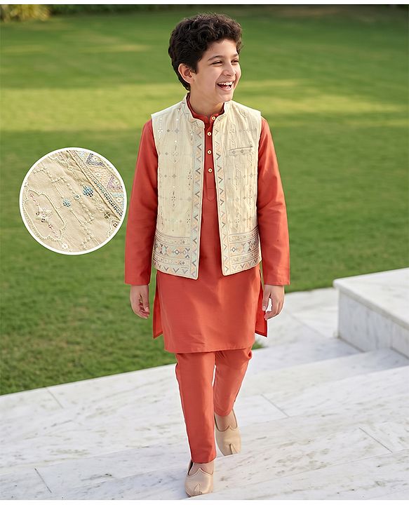Pine Kids Woven Kurta Pyjama Set and Jacket with Full Sleeves and Geometric Embroidery in Light Peach for 4-5 Years