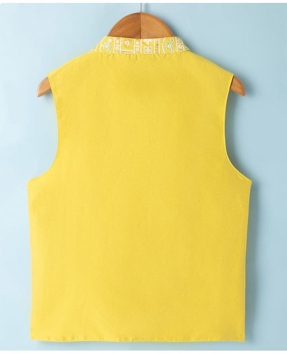 Pine Kids Woven Kurta Pyjama Set and Jacket with Full Sleeves and Geometric Patterns Embroidery in Yellow