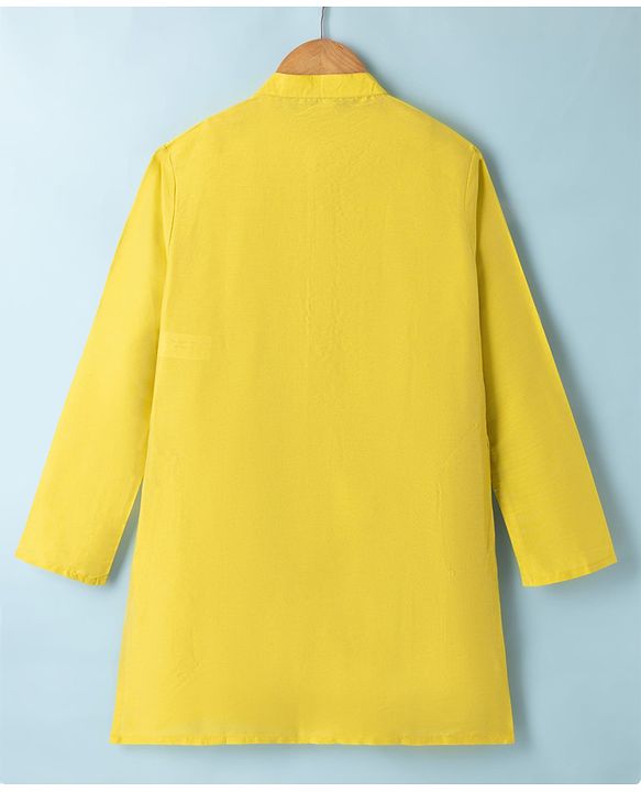 Pine Kids Woven Kurta Pyjama Set and Jacket with Full Sleeves and Geometric Patterns Embroidery in Yellow