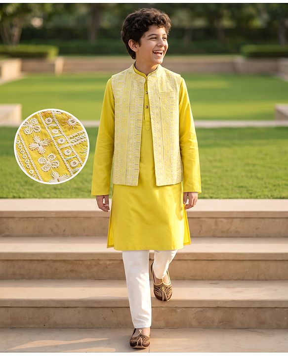 Pine Kids Woven Kurta Pyjama Set and Jacket with Full Sleeves and Geometric Patterns Embroidery in Yellow
