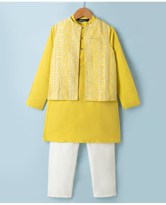 Pine Kids Woven Kurta Pyjama Set and Jacket with Full Sleeves and Geometric Patterns Embroidery in Yellow
