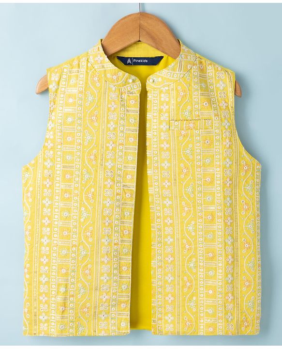 Pine Kids Woven Kurta Pyjama Set and Jacket with Full Sleeves and Geometric Patterns Embroidery in Yellow