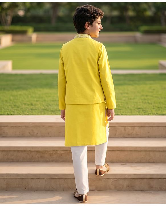 Pine Kids Woven Kurta Pyjama Set and Jacket with Full Sleeves and Geometric Patterns Embroidery in Yellow