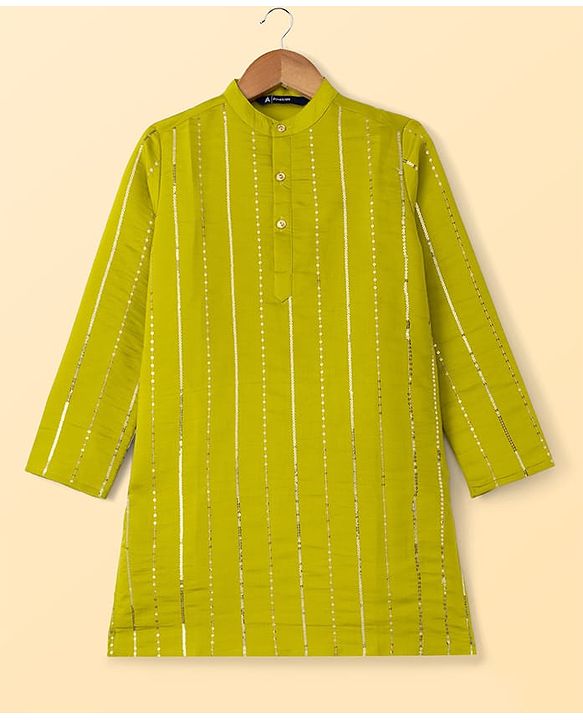 Pine Kids Woven Full Sleeves Striped Sequinned Kurta & Pyjama Set - Limegreen
