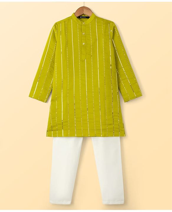 Pine Kids Woven Full Sleeves Striped Sequinned Kurta & Pyjama Set - Limegreen