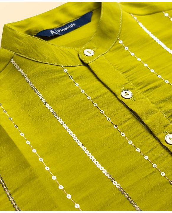 Pine Kids Woven Full Sleeves Striped Sequinned Kurta & Pyjama Set - Limegreen