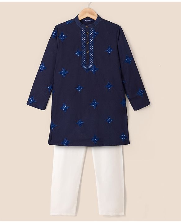 Pine Kids Woven Kurta and Pyjama Set with Full Sleeves and Star Embroidery in Navy Blue