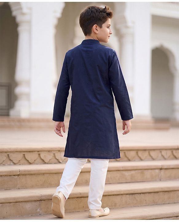 Pine Kids Woven Kurta and Pyjama Set with Full Sleeves and Star Embroidery in Navy Blue