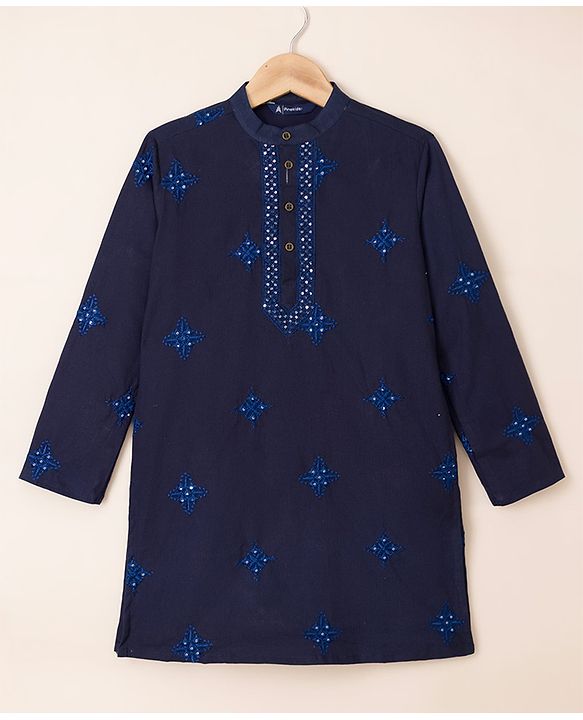Pine Kids Woven Kurta and Pyjama Set with Full Sleeves and Star Embroidery in Navy Blue