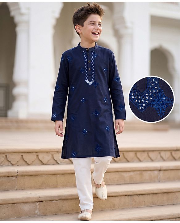Pine Kids Woven Kurta and Pyjama Set with Full Sleeves and Star Embroidery in Navy Blue