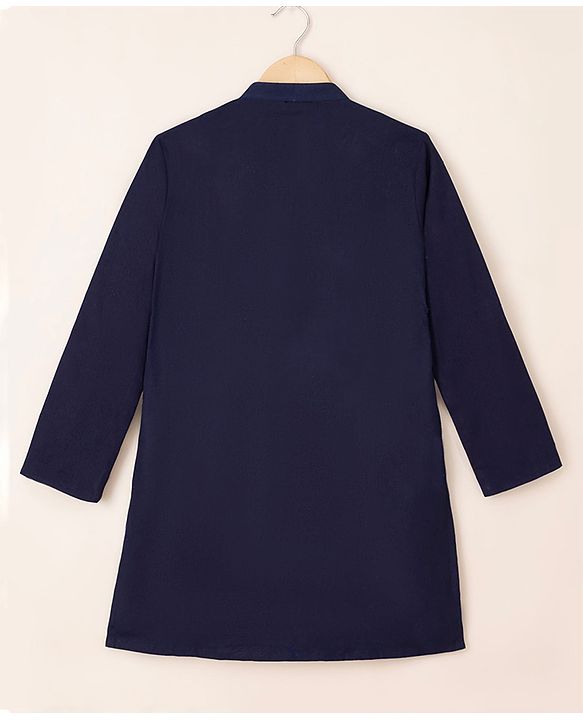 Pine Kids Woven Kurta and Pyjama Set with Full Sleeves and Star Embroidery in Navy Blue