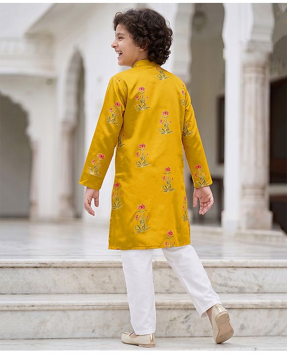 Pine Kids Woven Full Sleeves Kurta Pyjama Set with Full Length and Flower Print in Golden for 4-5 Years