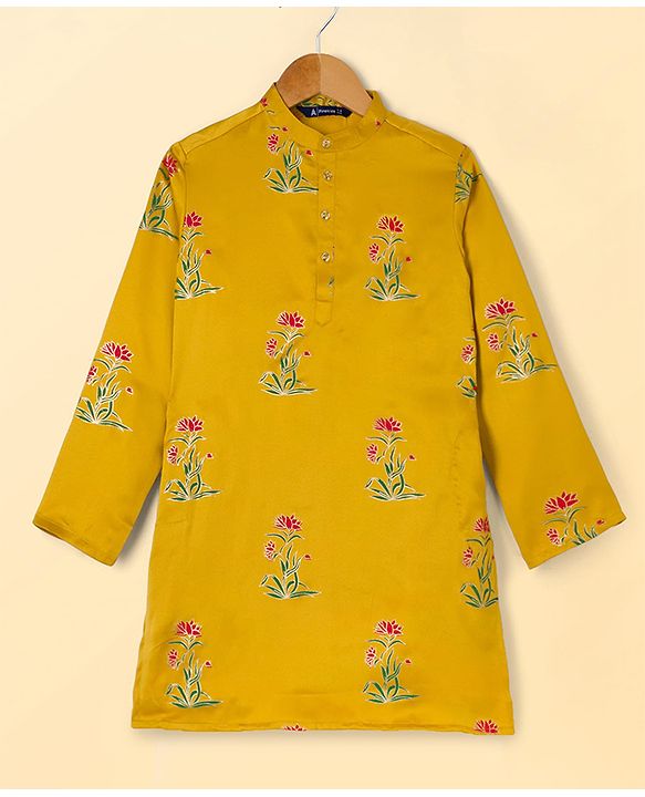 Pine Kids Woven Full Sleeves Kurta Pyjama Set with Full Length and Flower Print in Golden for 4-5 Years