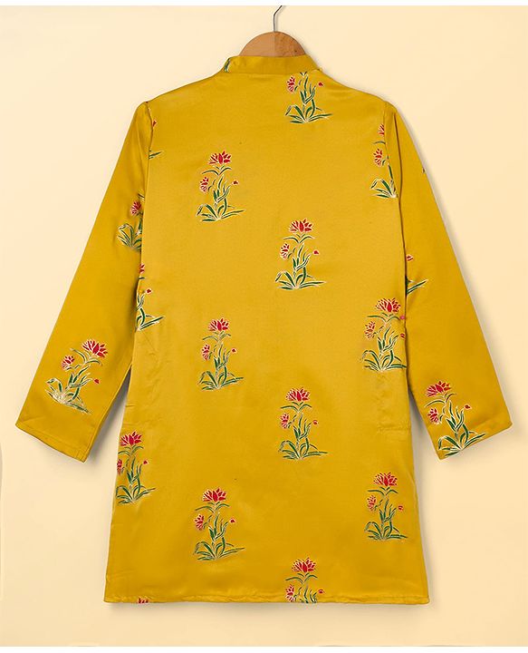 Pine Kids Woven Full Sleeves Kurta Pyjama Set with Full Length and Flower Print in Golden for 4-5 Years