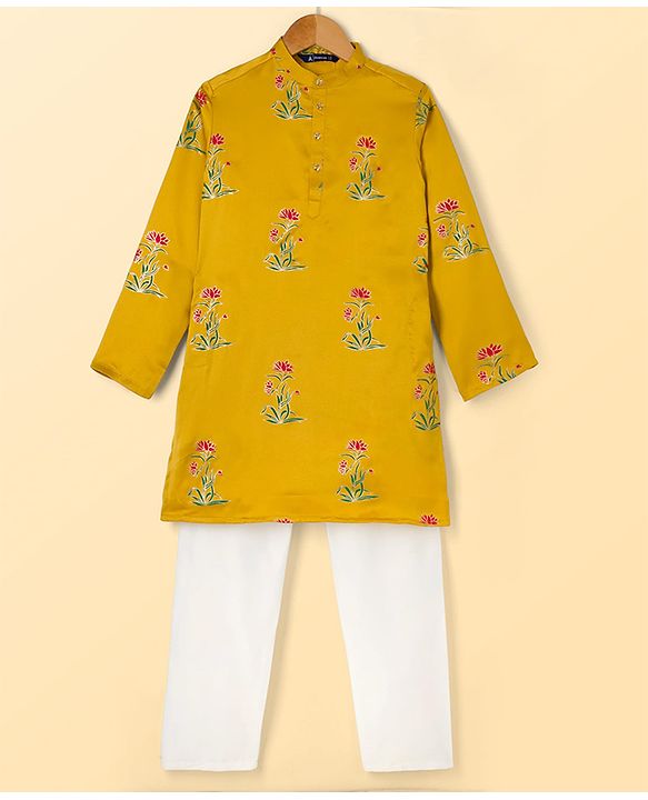 Pine Kids Woven Full Sleeves Kurta Pyjama Set with Full Length and Flower Print in Golden for 4-5 Years