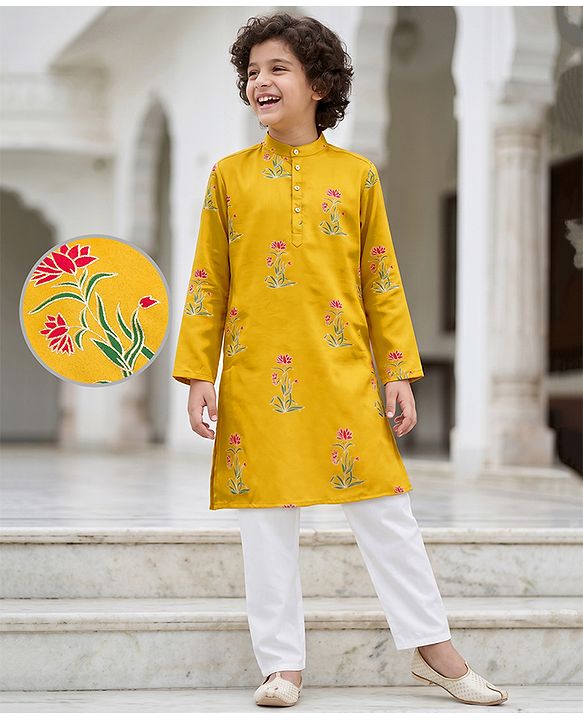 Pine Kids Woven Full Sleeves Kurta Pyjama Set with Full Length and Flower Print in Golden for 4-5 Years