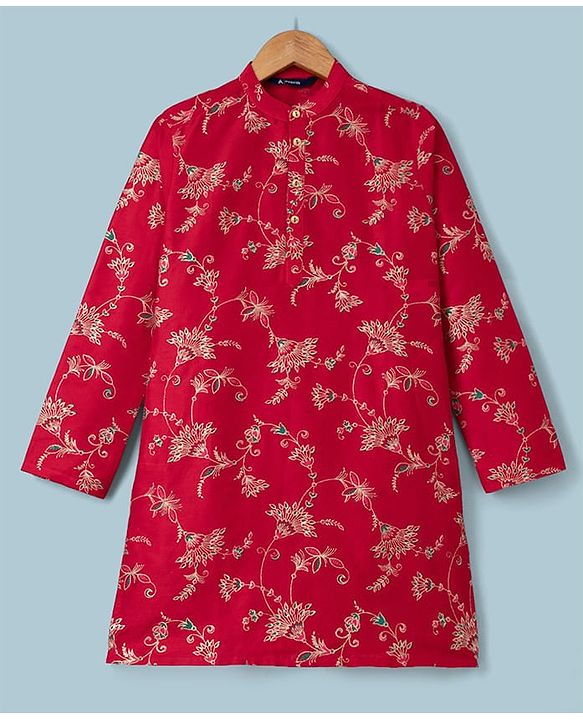 Pine Kids Woven Full Sleeves Floral Printed Kurta & Pyjama Set - Red