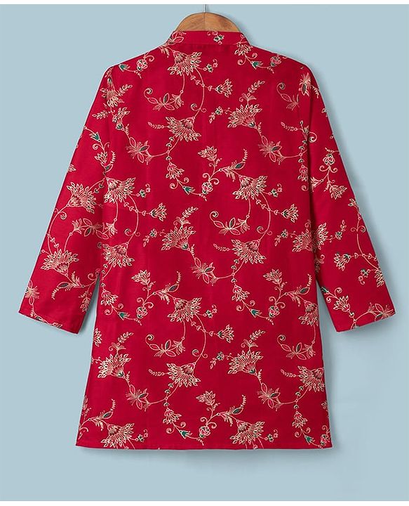 Pine Kids Woven Full Sleeves Floral Printed Kurta & Pyjama Set - Red