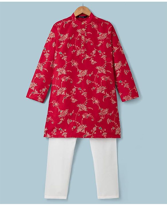 Pine Kids Woven Full Sleeves Floral Printed Kurta & Pyjama Set - Red
