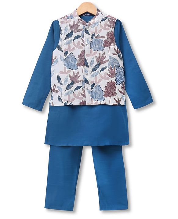 Pine Kids Woven Full Sleeves Kurta & Pyjama Set With Floral Printed Jacket - Teal Blue
